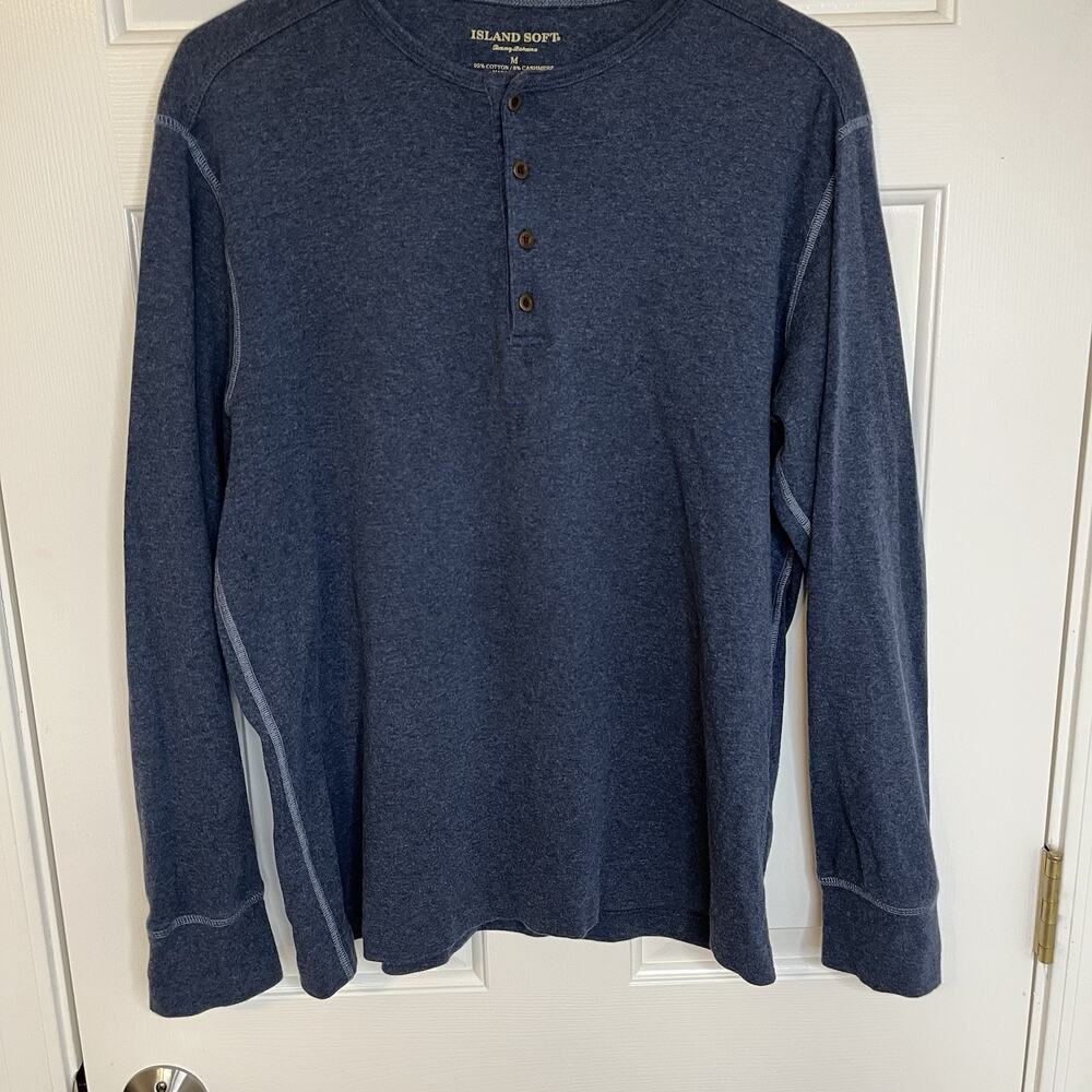 Tommy Bahama 1/4 Button Sweater Mens M Blue Cashmere/Cotton Island Soft Stretch